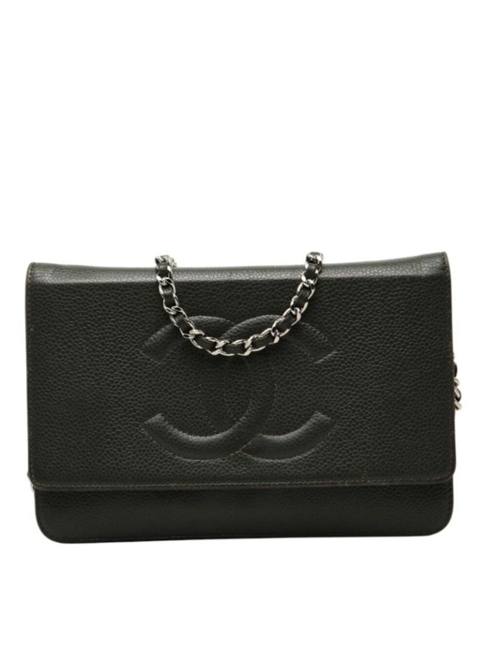 Chanel CC Logo Chain Shoulder Bag Crossbody Khaki Green Caviar Leather